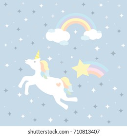 illustration vector of unicorn with rainbow in sky on star purple background.