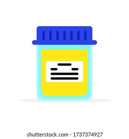 Ilustración vectorial del recipiente de orina y etiqueta de resultado con diseño plano y fondo blanco.Orina de pacientes y consumidores de drogas.Perfecto para el diseño de elementos en noticias de hospital y transmisión.