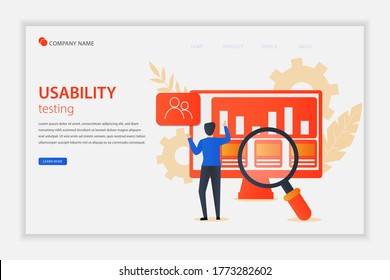 Illustration Vector Usability Testing Concept Landing Page With The Young Man Is Testing The Interface Usability Of Website And Application. Suitable For Landing Page, Editorial, Flyer, Banner.