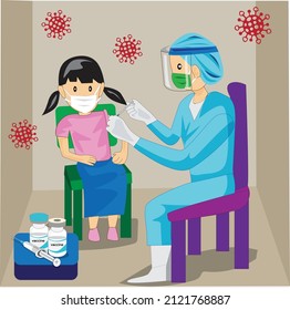 Abbildung Vektor, der Kinder impft Verhindere Infektionen mit dem Covid-19-Virus.