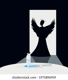 Illustration in the vector vaccine against the corona virus close-up. There's an angel next to him.