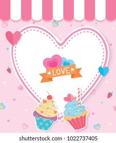 Illustration vector of Valentine's card design with cupcakes and heart shape on pink cafe background.