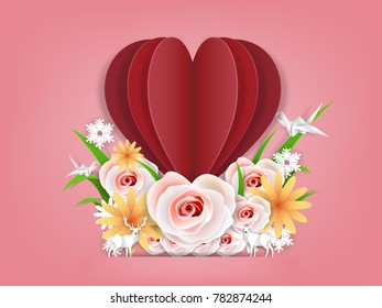 illustration vector of valentine's day design concept, origami paper art design concept of valentine's day