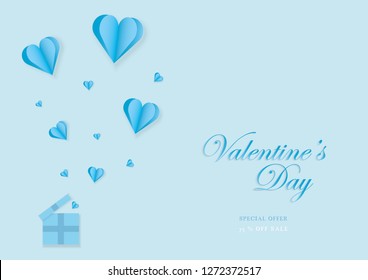 Illustration vector of Valentine's Day Sale. Heart shape floating in the air from gift box on blue background. Vector templates for banner, card, poster, flyer and other users. Paper cut and craft. 