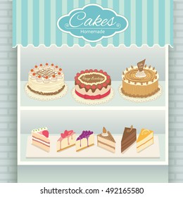 Illustration vector various cakes menu display on shelf in showcase of cyan cafe shop.