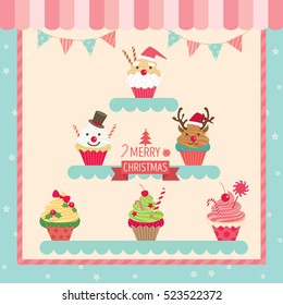 Illustration Vector Of Various Cupcakes Decorated With Christmas Ornaments Display On Showcase In Cafe Shop.
