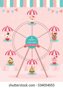 Illustration Vector of various Cupcakes decorated with Christmas ornaments sitting on the ferris wheel on pink background color.