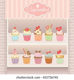 Illustration vector various cupcakes menu display on shelf in showcase of pink cafe shop.