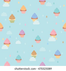 Illustration vector various flavor of cupcakes falling in the sky with cloud and creamy rain decoration into seamless pattern.