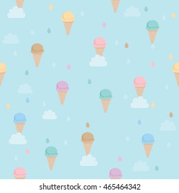 Illustration vector various flavor of ice-cream cone sundae falling in the sky with cloud and syrup rain decoration into seamless pattern.