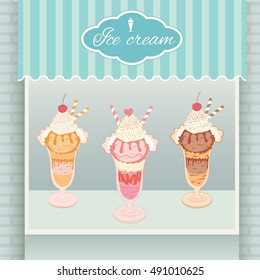 Illustration vector various ice cream menu display on shelf in showcase of cyan cafe shop.