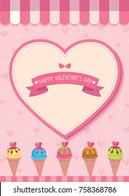 Illustration vector of various ice cream cone with heart on pink background cafe for Valentine's day