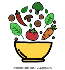 Illustration vector of various kinds of vegetables, there are tomatoes, carrots, mushrooms, broccoli, chilies and yellow bowls. svg