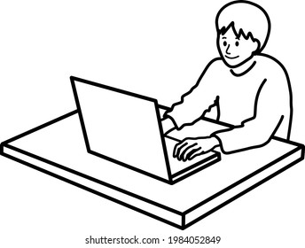 Illustration vector vectoof Young man working from home with his personal computer 