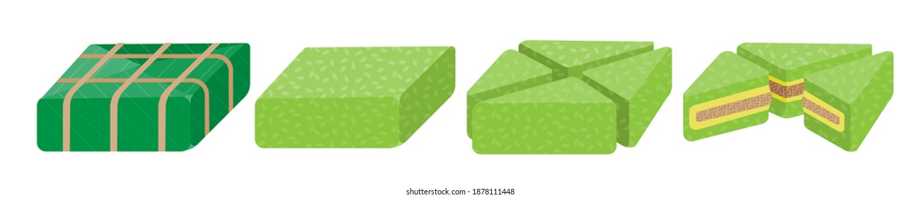 Ilustración vectorial arroz pegajoso cuadrado de comida vietnamita relleno de hojas de plátano y cuerda de bambú en celebración del año nuevo lunar