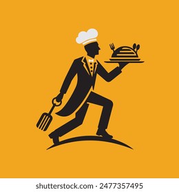 Ilustración Vector de camarero sosteniendo una bandeja con uniforme. Sirve cocina variada