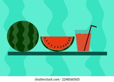 Illustration vector watermelon Watermelon cut in half and fresh watermelon juice