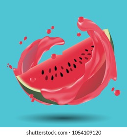 Illustration vector of a watermelon with watermelon juice splashing on blue background summer fruit concept