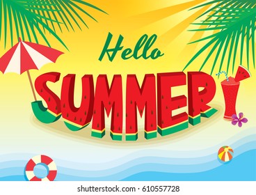 Illustration vector of watermelon summer text design with juice decorated with umbrella, palm and  beach background.