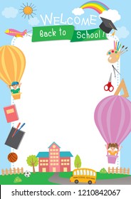 Illustration vector of Welcome Back to School background design with school and balloons.