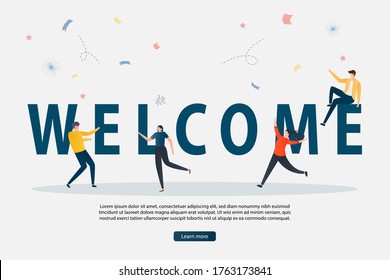 Illustration Vector Of Welcome Concept With The Giant Welcome Text And People Characters Standing Near The Word. Suitable For Landing Page, Web, Flyer, And Banner. Meeting, Greeting Concept.