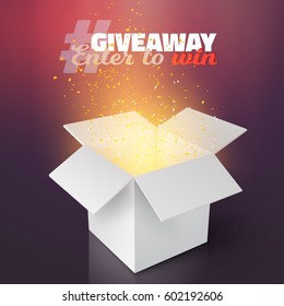 Illustration von VectorWhite Box gibt Wettbewerbsvorlage. Öffnen Sie die Box mit Confetti und Magic Light, um das Preiskonzept zu gewinnen