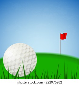 Illustration vector of white golf ball on the green court and blue sky background with pin red folded flag. (EPS10 separate part by part)