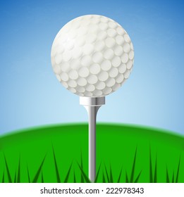 Illustration vector of white golf ball on the tee on green court and blue sky background (EPS10 separate part by part)