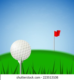 Illustration vector of white golf ball on tee and the green court and blue sky background with pin red fold flag. (EPS10 separate part by part)