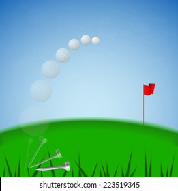 Illustration vector of white golf ball that it is moving from tee to red fold flag target on green court and blue sky background (EPS10 separate part by part)