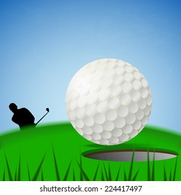 Illustration vector of white golf ball is near the hole which it is shot by the black silhouette pro golf on green court and blue sky background. (EPS10 separate part by part)
