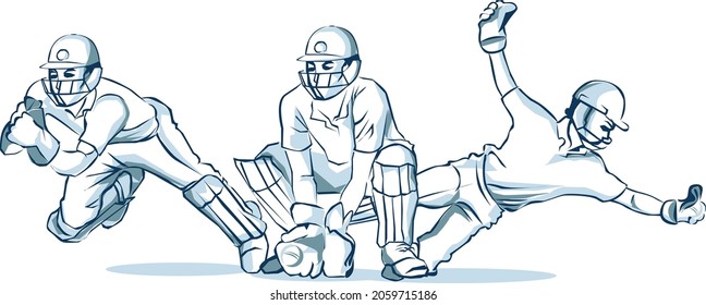 illustration and vector of a wicket player in action poses during cricket match.