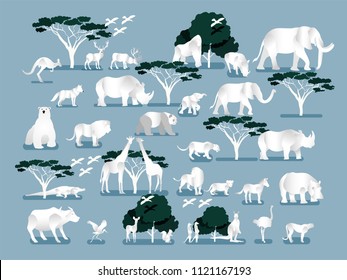 illustration vector of wild jungle, Savannah and forest animals, birds, Graphic design concept of wild life.