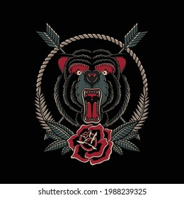 Illustration Vector Wild Ride Angry Bear With Roses In Traditional Tattoo Style