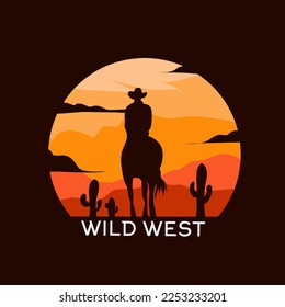 illustration vector of wild west,cowboy ride horse silhouette,sunset scenery,perfect for print,banner,poster.