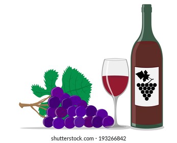 Illustration (vector) of a wine bottle,glass and a grape.