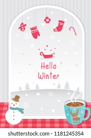 Illustration vector of Winter holiday design with blue cup of cacao and snowman at window on snow background. 
