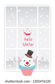 Illustration vector of Winter holiday design with cupcake at window on snow background. 