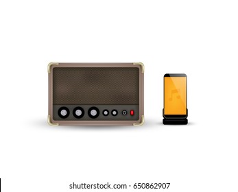 illustration vector of wireless vintage speaker connected to smart mobile phone, modern music appliance design concept