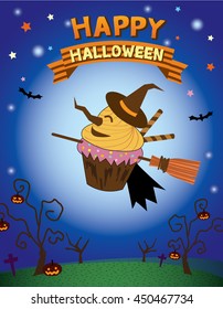 Illustration vector of witch cupcakes flying in halloween night parties background.