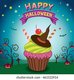 Illustration vector of witch cupcakes  in happy halloween on dark cyan  background colors.