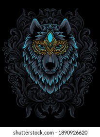 Illustration vector wolf head with vintage engraving ornament on black background. svg