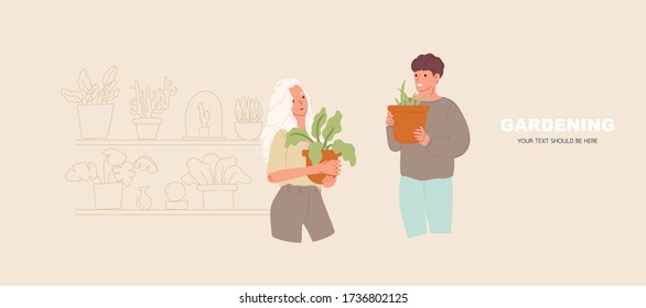 Illustration vector of woman and her friend holding pot of plant for gardening
