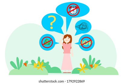 Illustration. Vector. A woman with many problems. She had no money, no job, no time, and frustrated.
