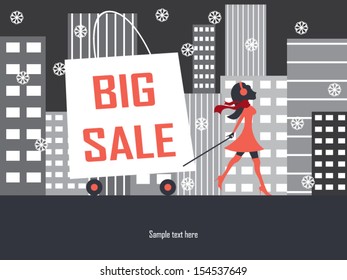 Illustration vector of a woman pulling huge shopping bag which can be used for promoting sales, discounts and shopping in general 