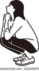 Illustration vector Woman sitting and looking up, sideways, crouching