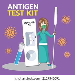 illustration vector women holding equipment (Antigen test kit)There are messages and viruses.