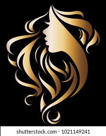 illustration vector of women silhouette golden icon, woman face logo on black background