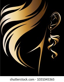 illustration vector of women silhouette golden icon, women hair and earring logo on black background