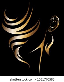 illustration vector of women silhouette golden icon, women hair and earring logo on black background